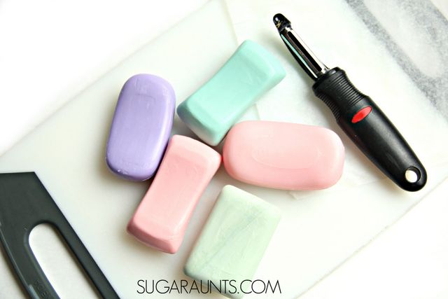Soap Shaving Bookmarks with peeled soap, part of the book, Pop! Squirt! Splash! book for kids with soap, water, and bubbles