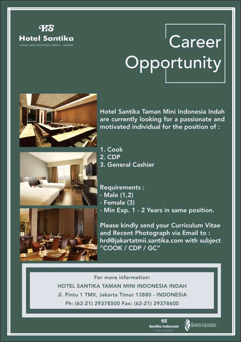 Lowongan Kerja Hotel Santika Taman Mini Indonesia Jakarta 3 Posisi Lowongan Kerja Hotel