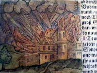 Sebastian Münster, Sodom, dalla Cosmographia (1564). Incisione colorata. Public domain via Wikimedia Commons Illuminated manuscript picture of Sodom burning