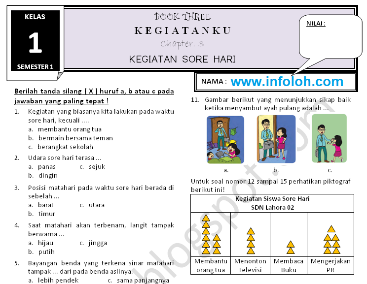 Soal Tematik Kelas 1 Tema 3 Subtema 3 Kegiatanku Kegiatan Sore Hari