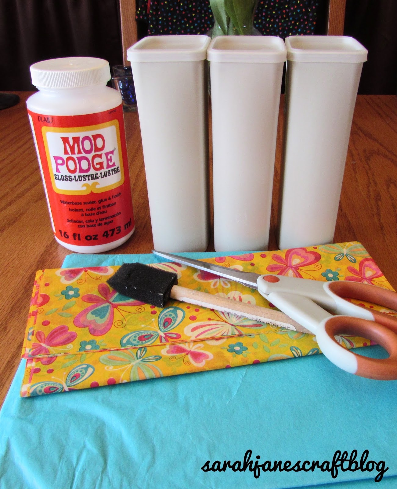 Sarah Jane's Craft Blog Tissue Paper and Mod Podge on Drink Mix Containers