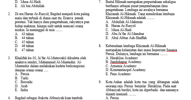 Contoh Soal Dan Jawaban Isian Tentang Dinasti Abbasiyah