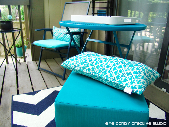 Eye Candy Creative Studio Home Made Small Space Patio Makeover Chevron Rug Target Finds Patio Makeover Chairs Aqua Stool