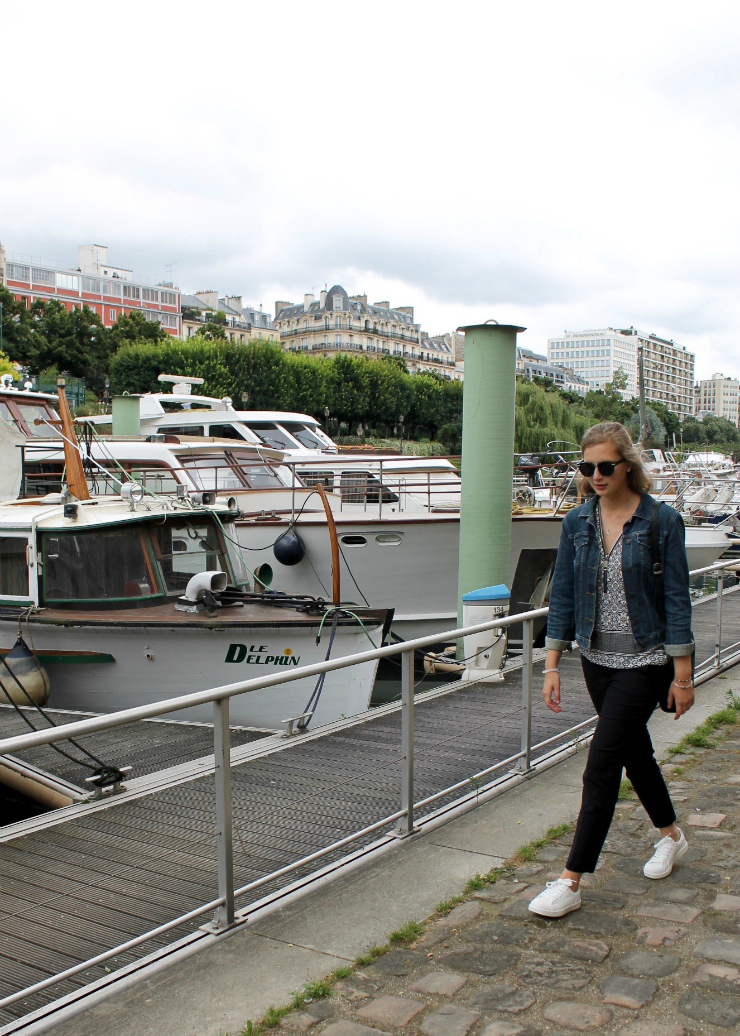 White sneakers, dress pants, printed shirt and denim jacket #ootd