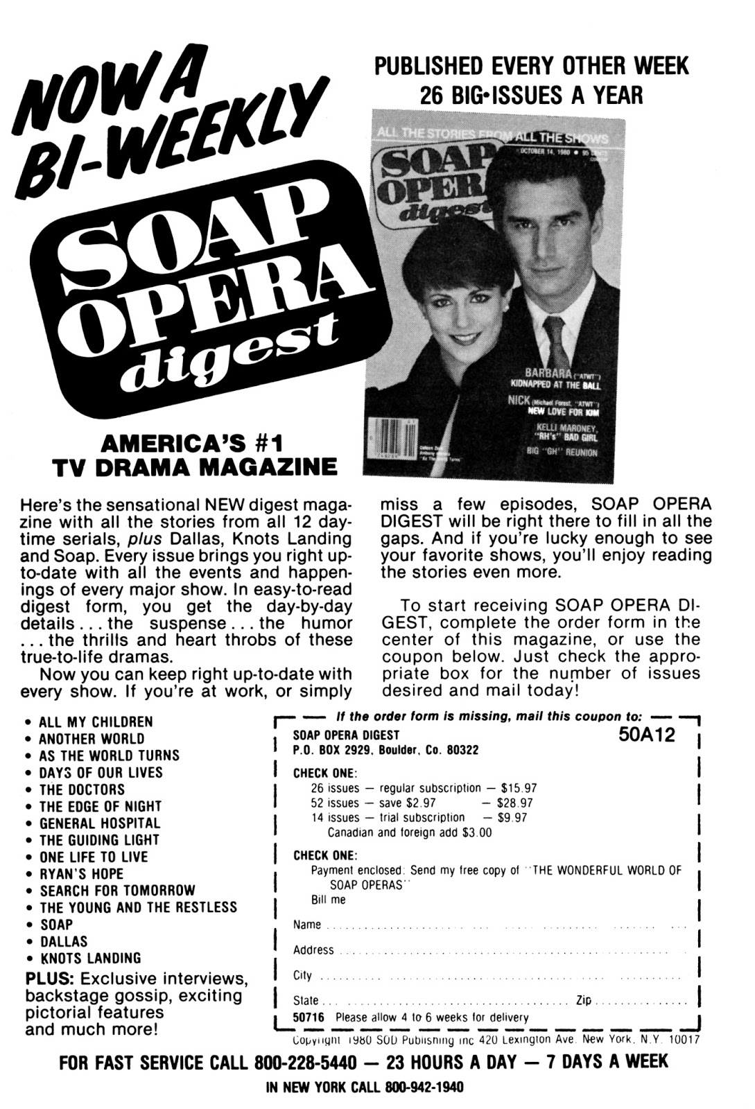Soap Ads Soap Opera Digest Subscription Ad October 14, 1980