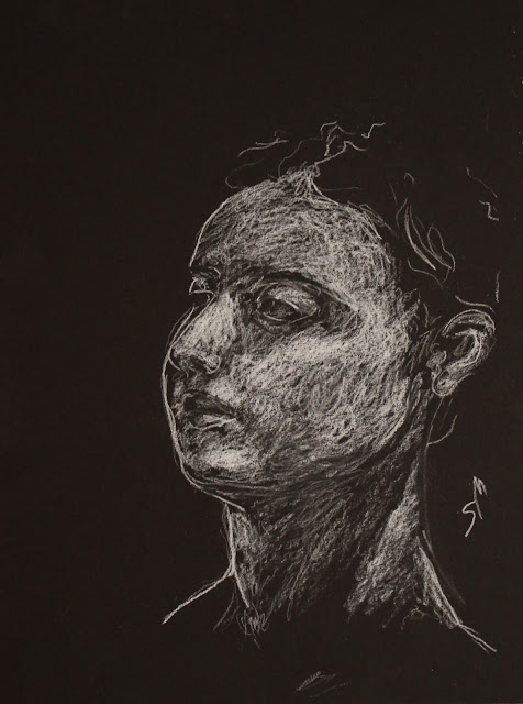 Head in White Charcoal, Sarah Myers face, head, sarah, myers, art, arte, drawing, sketch, dibujo, dessin, kunst, conte, charcoal, white, black, paper, dark, woman, expression, mouth, eyes, nose, bright, highlights, shading, glow, technique, pencil, artist, lines, figurative, contemporary, modern