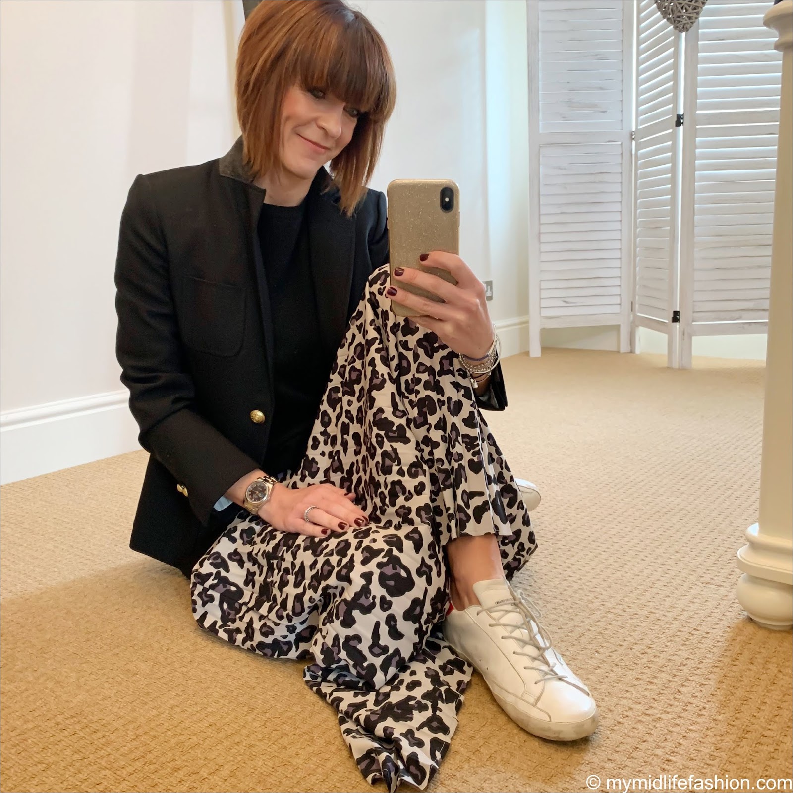 my midlife fashion, j crew rhodes blazer, boden cashmere crew neck jumper, jd williams leopard print pleated maxi skirt, golden goose superstar low top leather trainers