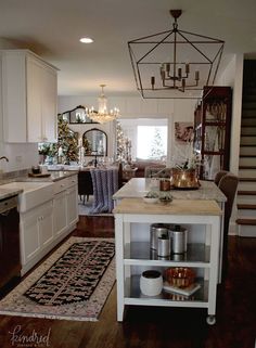 White kitchen in romantic Farmhouse Christmas holiday decorating shabby chic