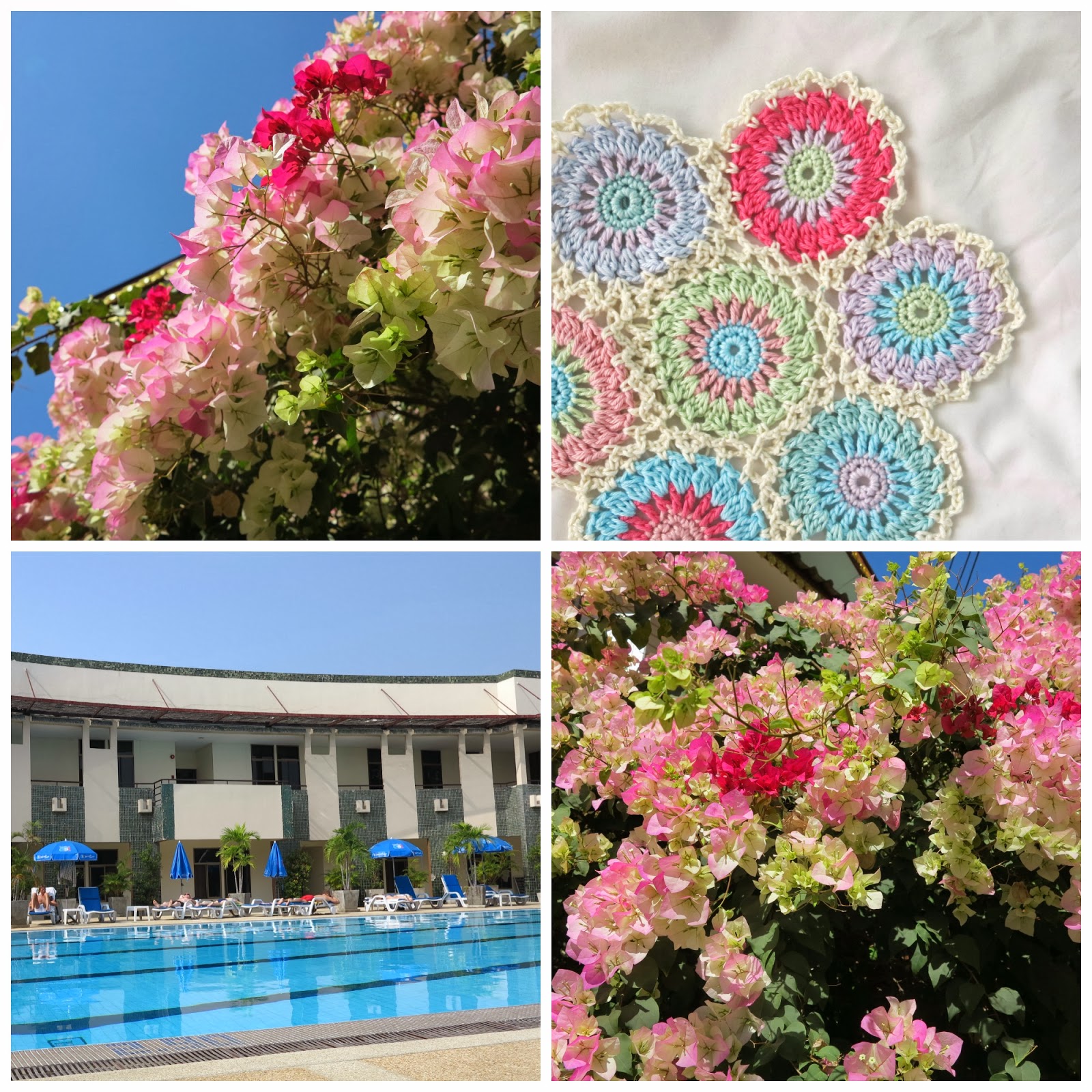 ByHaafner, pink flowers, crochet doily, collage