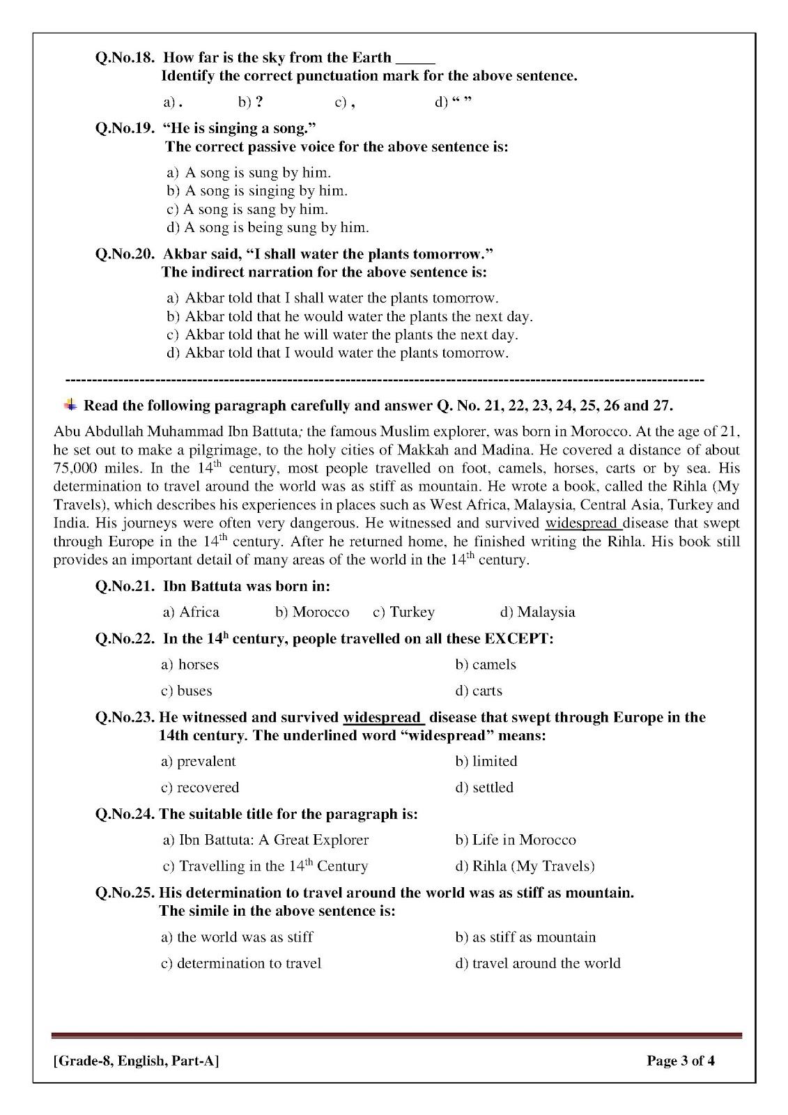 8th English Pattern Paper & Model Paper 2018 PEC Free Download