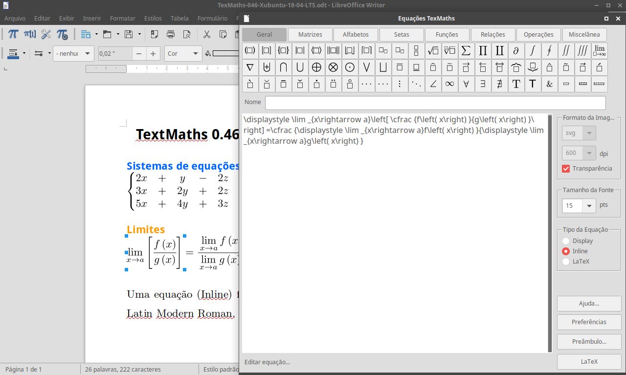 Escreva em Latex com o Texmaths 0.46 no LibreOffice 6 sem saber nada de Latex Escreva em Latex com o Texmaths 0.46 no LibreOffice 6 sem saber nada de Latex