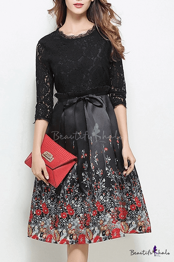 Elegant Half Sleeve Lace Patchwork Zip Back Floral Printed Midi A-Line Dress