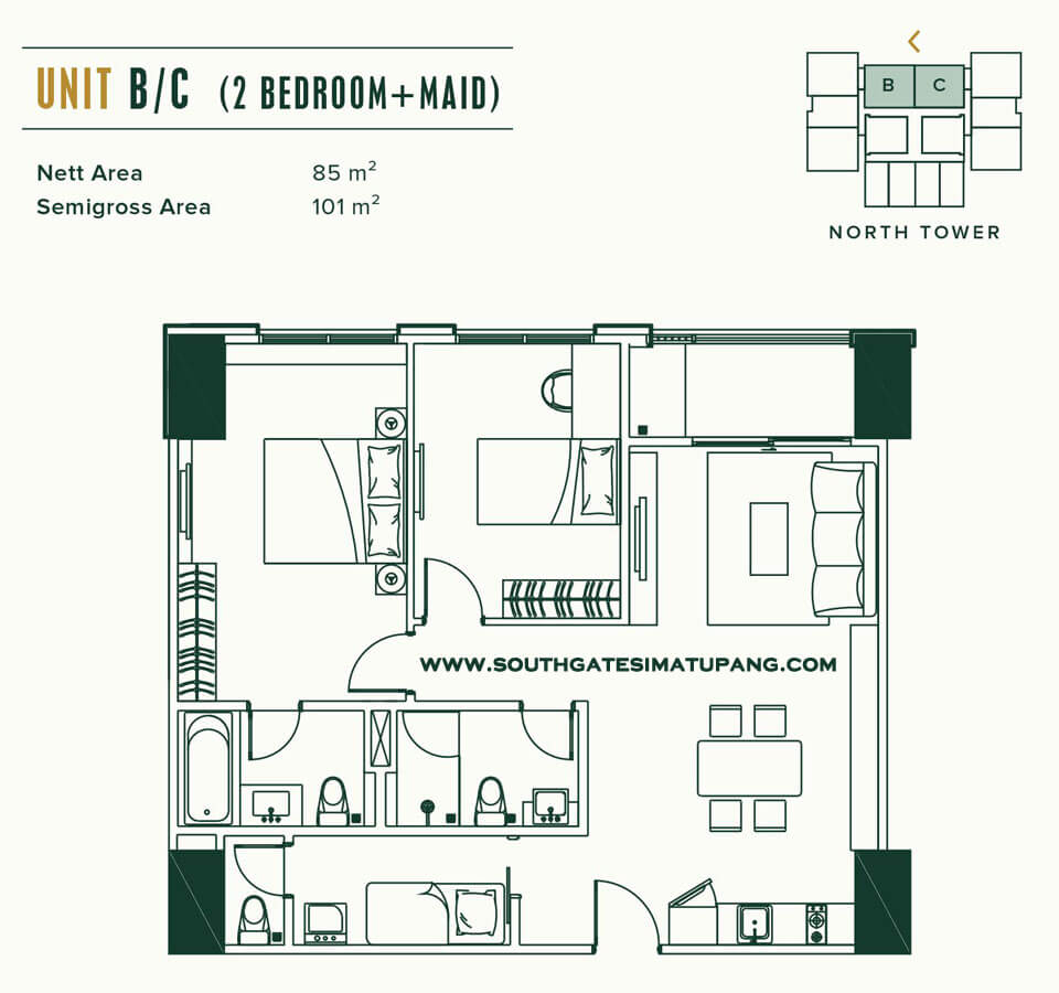 Floor Plan Unit 2 BR+Maid room Apartemen Southgate Jakarta Floor Plan Unit 2 BR+Maid room Apartemen Southgate Jakarta