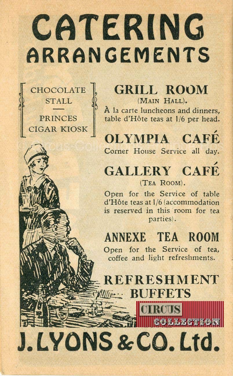 catering Arrangements, grill room, Olympia café, Gallery Café, annex tea room, refreshment buffet