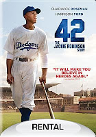 42 Cover 42 cover showing actor playing Jackie Robinson standing on baseball field
