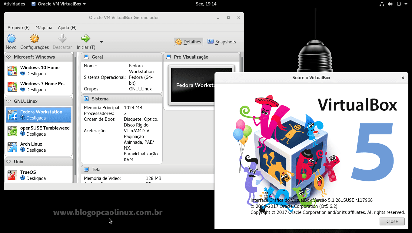 Oracle VM VirtualBox 5.1.28 (OSE) executando no openSUSE Leap 42.3 (GNOME) Oracle VM VirtualBox 5.1.28 (OSE) executando no openSUSE Leap 42.3 (GNOME)
