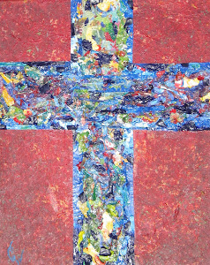 Blue Cross on Red Acrylic Collage