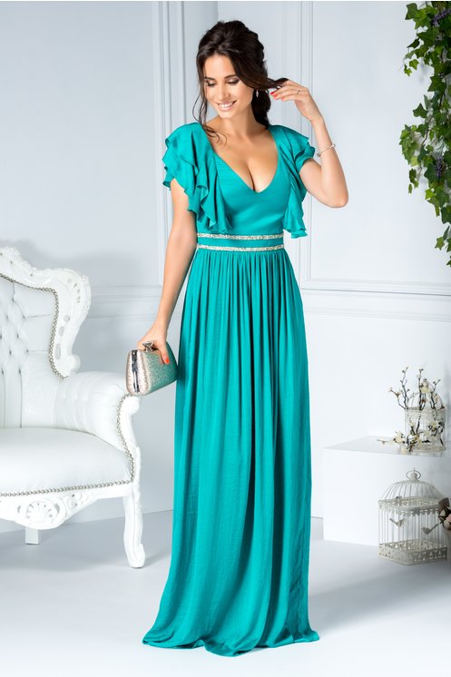 Rochie Dida verde lunga de seara cu aplicatii pe talie si volanase Rochie Dida verde lunga de seara cu aplicatii pe talie si volanase