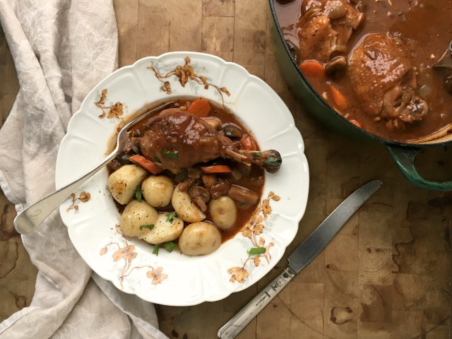 Coq au Vin - a satisfying chicken stew - can be a local meal to celebrate Earth Day