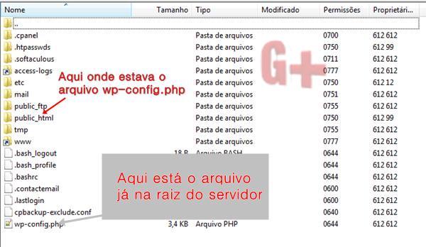 Wordpress . Mover o arquivo para a raiz do servidor. Normalmente o arquivo se encontra em : ~/home/user/public_html/wp-config.php , ou seja, dentro da pasta public_html.