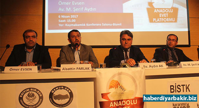 Anadolu Evet Platformu, Diyarbakır Bismil’de panel düzenledi DİYARBAKIR-Bismil'de Kaymakamlık Konferans Salonu'nda, Anadolu Evet Platformu, Bismil İslami Sivil Toplum Kuruluşlarının (BİSTK) eve sahipliğinde yeni anayasayı konu alan bir panel düzenledi.