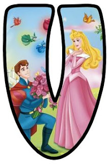 Abecedario con el Príncipe Llevándole Flores a la Princesa Aurora. La Bella Durmiente.