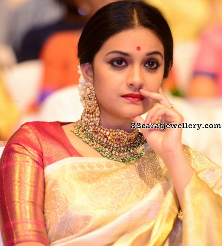 Keerthi Suresh Kundan Choker Large Hangings - Jewellery Designs