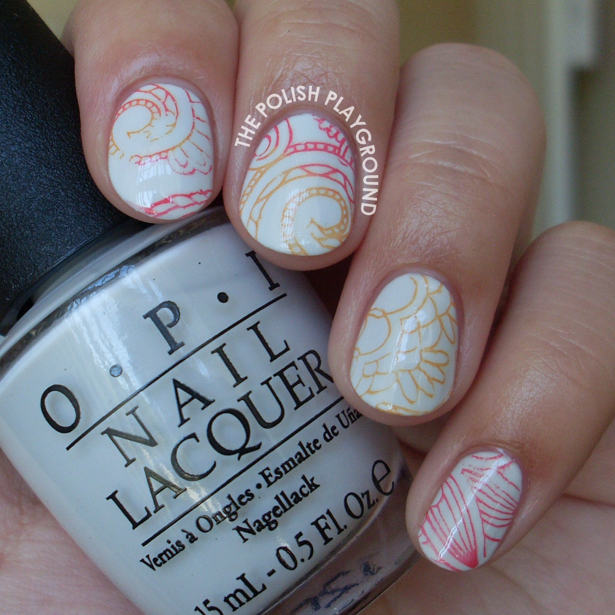Red and Orange Swirly Floral Stamping Nail Art