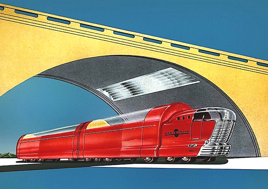 Arthur Radebaugh a color Arthur Radebaugh illustration of a red truck under a future bridge