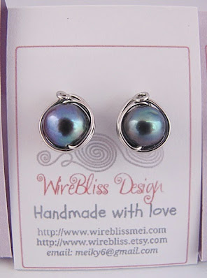 Wire wrapped blue pearls stud earrings by Wirebliss