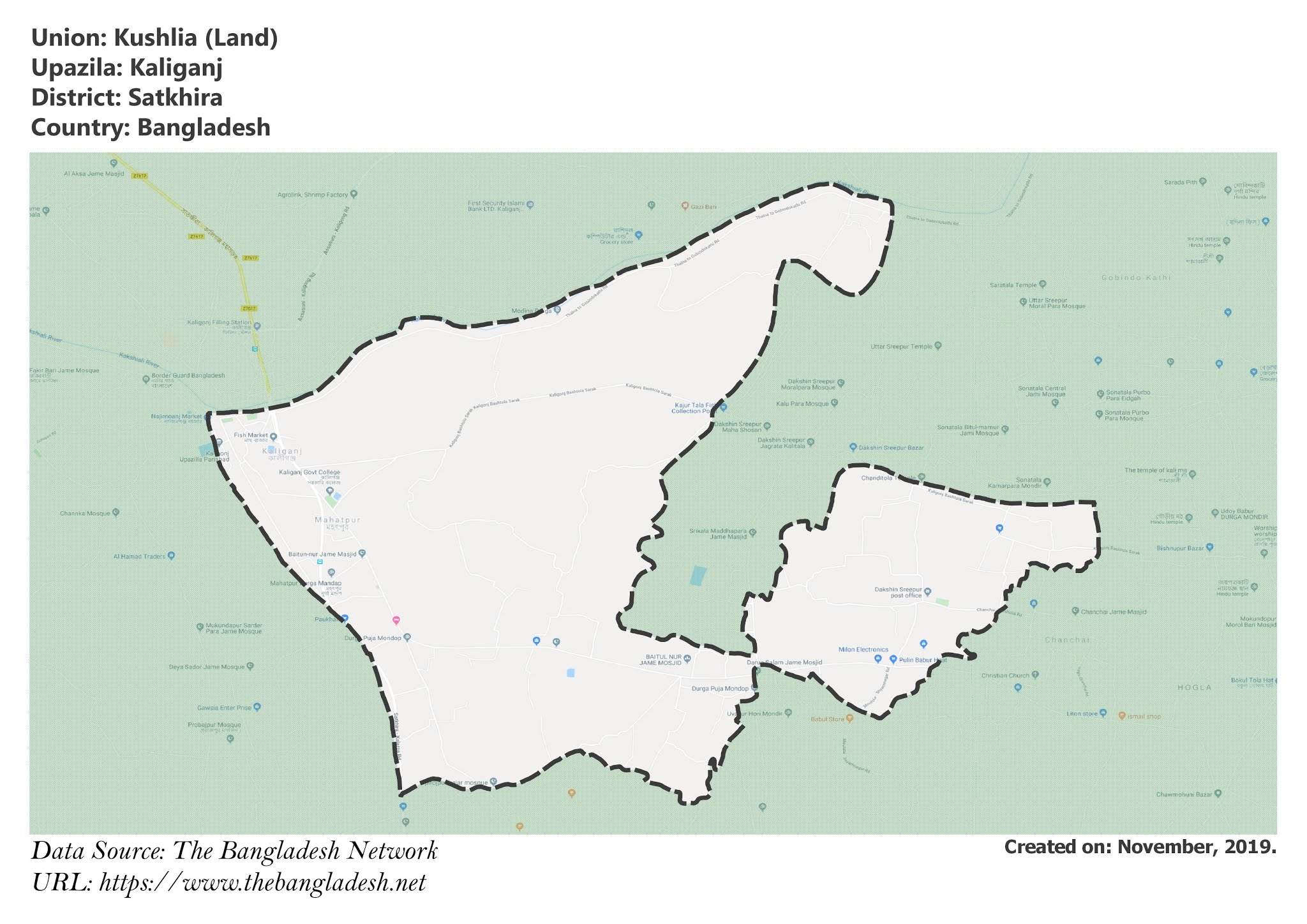 Map of Kushlia of Kaliganj Upazila Map of Kushlia of Satkhira, Bangladesh.
