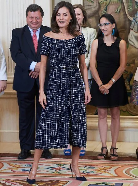 Queen Letizia wore Zara tweed dress and Carolina Herrera suede pumps