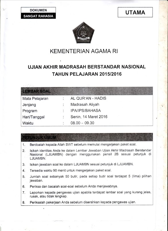 Contoh Soal Quran Hadits Madrasah Aliyah Kurikulum 2013
