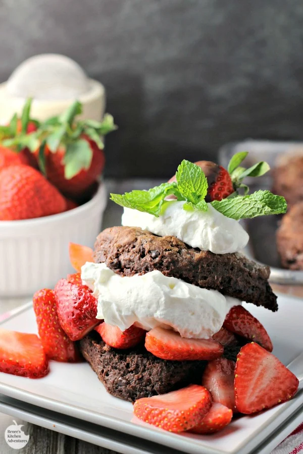 Triple Chocolate Strawberry Shortcake | by Renee's Kitchen Adventures - Easy nutritious recipe for chocolate shortcake with fresh strawberries. The perfect dessert for any special occasion or anytime! #SundaySupper #RKArecipes @Flastrawberries