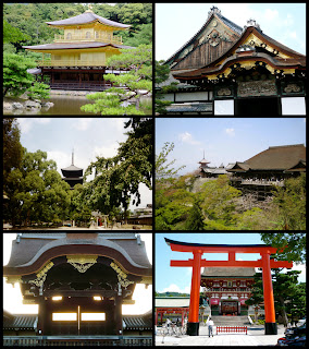 Una imagen compuesta por 6 fotografías correspondientes a Kinkaku-ji, Castillo de Ni-jo, To-ji, Kiyomizu-dera, Palacio Imperial y Fushimi Inari Taisha