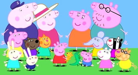 Peppa con su familia y amigos Dibujo de Peppa con sus padres, hermano, abuelos, prima y amigos a colores