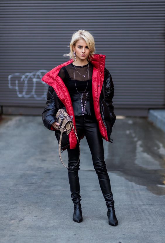 Carodaur Black Shiny Puffer Coat NYFW Street Style