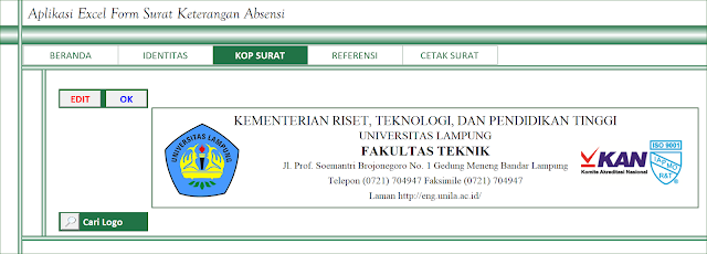 Halaman Pembuatan Kop Surat Aplikasi Excel Surat Keterangan Lupa Absen