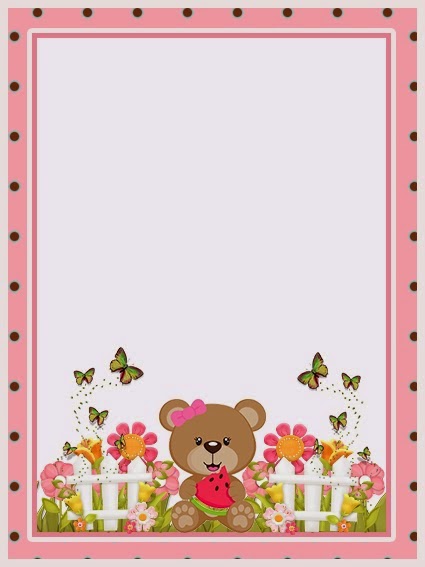Girly Bear Eating Watermelon Free Printable Invitations, Labels or Cards.