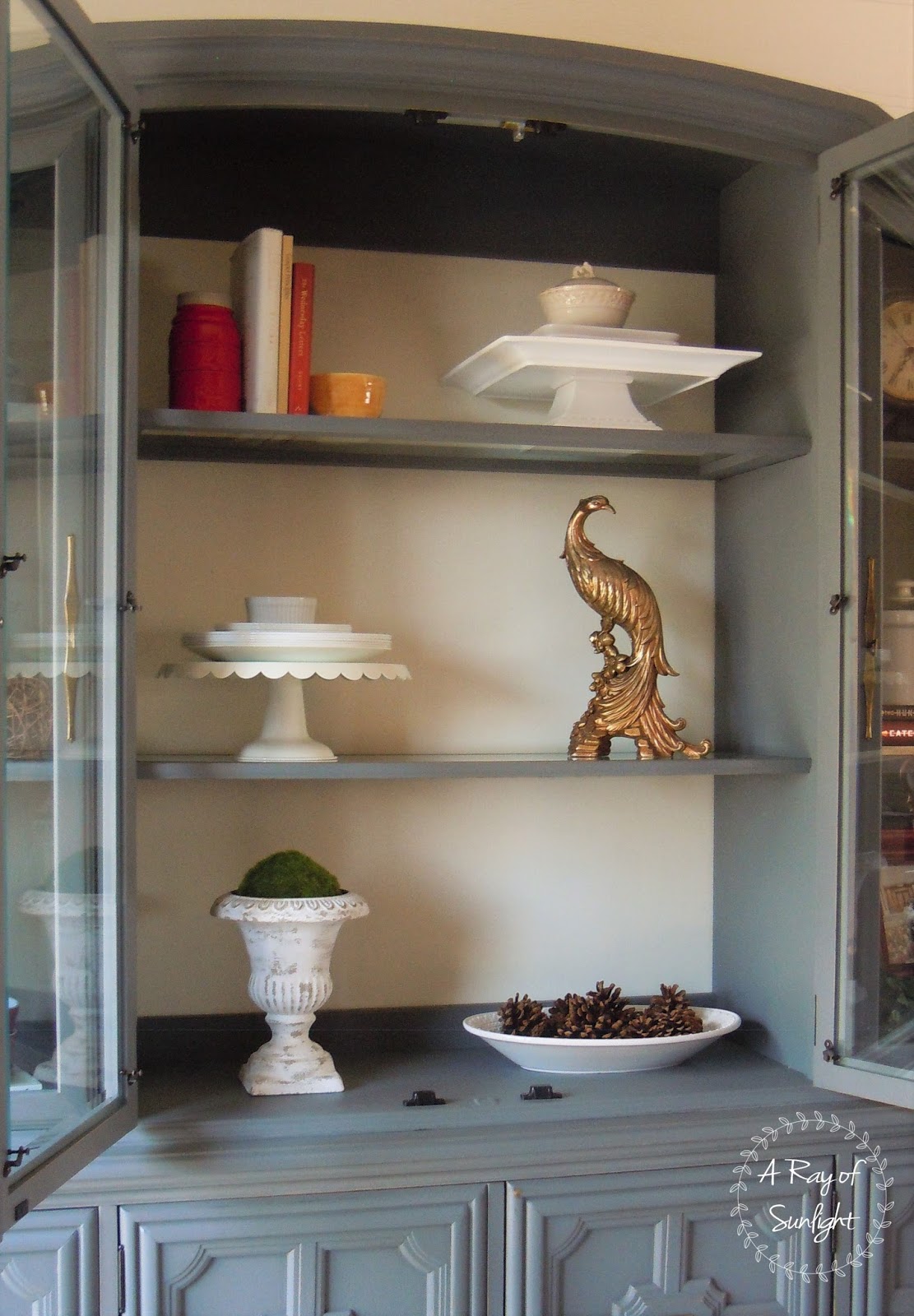 a closeup of the white painted back and the gray painted shelves