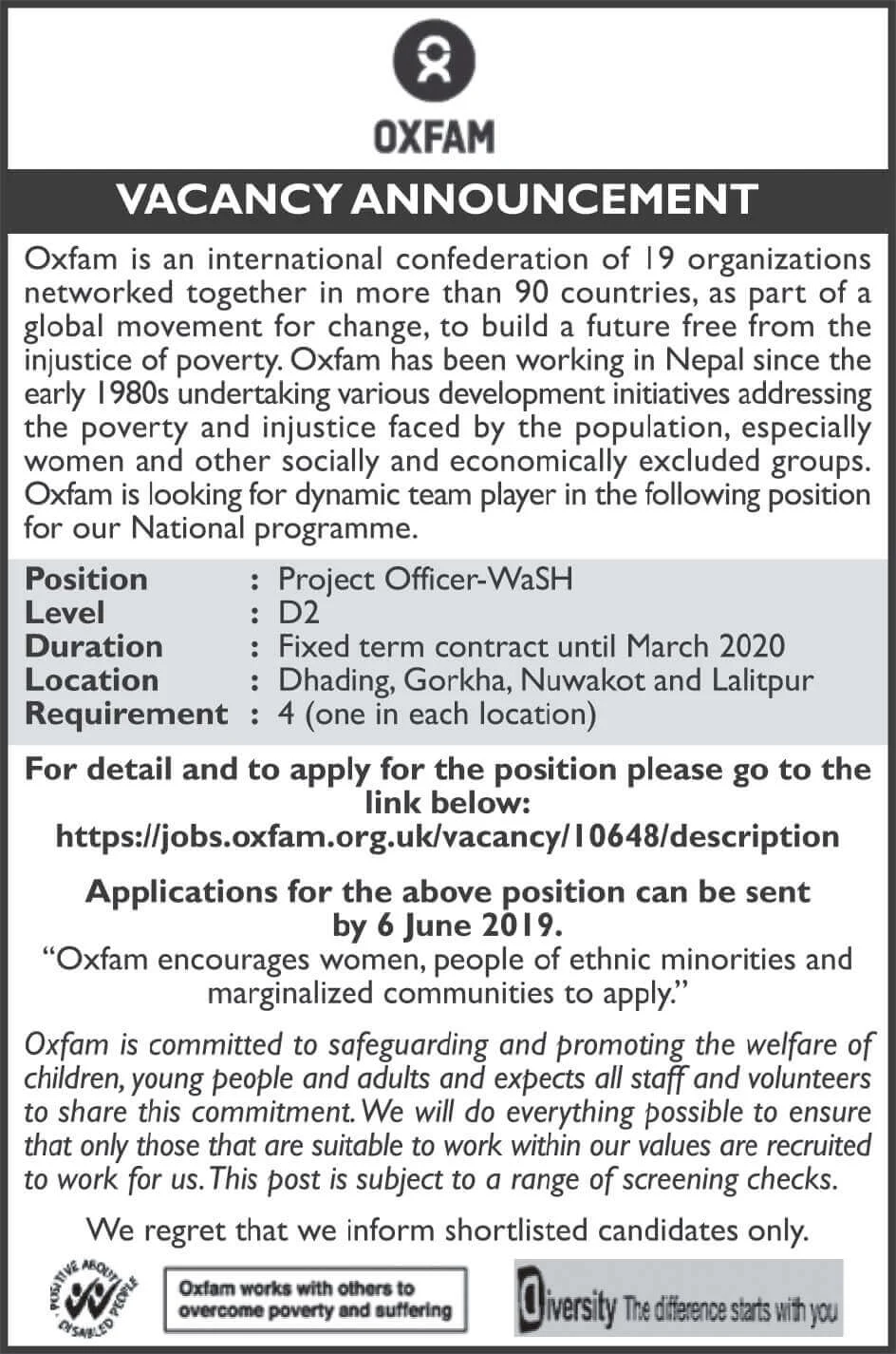Oxfam Nepal Vacancy Announcement for Project Officers.