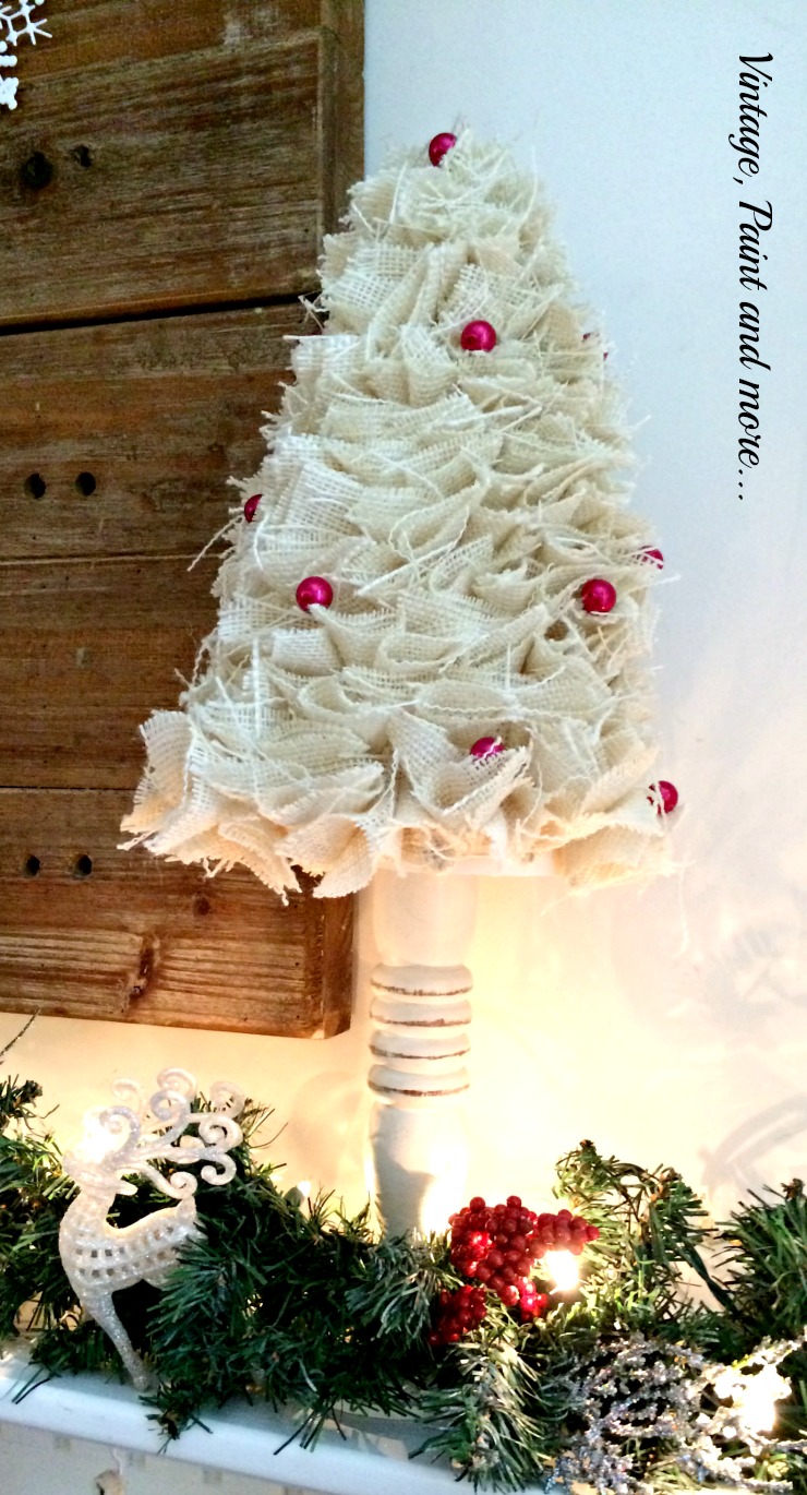 Vintage, Paint and more... burlap cone tree with red beads incorporated into a snow themed mantel