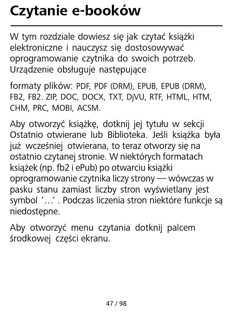 PocketBook Aqua 2 – fragment instrukcji czytnika w trybie reflow