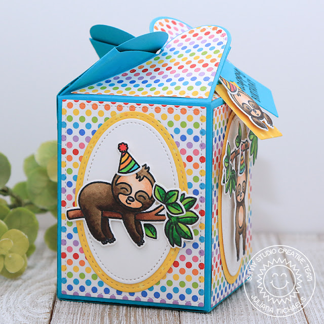 Happy Birthday Wrap Around Gift Box featuring Sunny Studio Stamps Wrap Around Box Dies, Silly Sloth Stamps and Surprise Party 6x6 Paper Pad