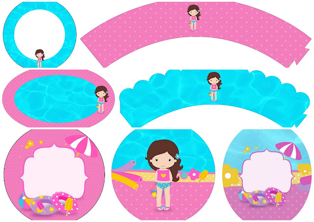 Fiesta en la Piscina para Niña Morena: Wrappers y Toppers para Cupcakes para Imprimir Gratis. Fiesta en la Piscina para Niña Morena: Wrappers y Toppers para Cupcakes para Imprimir Gratis.