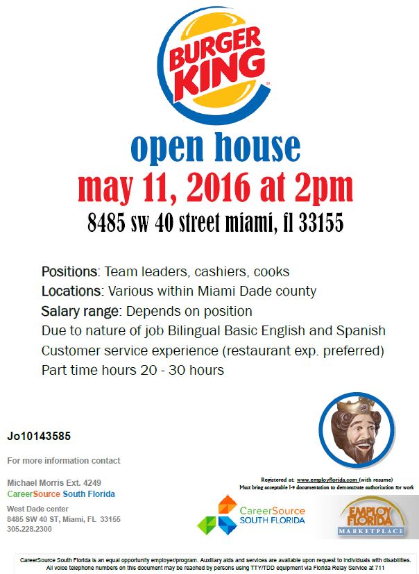 Jobs: Burger King: May 11, 2016 @ 2 pm
