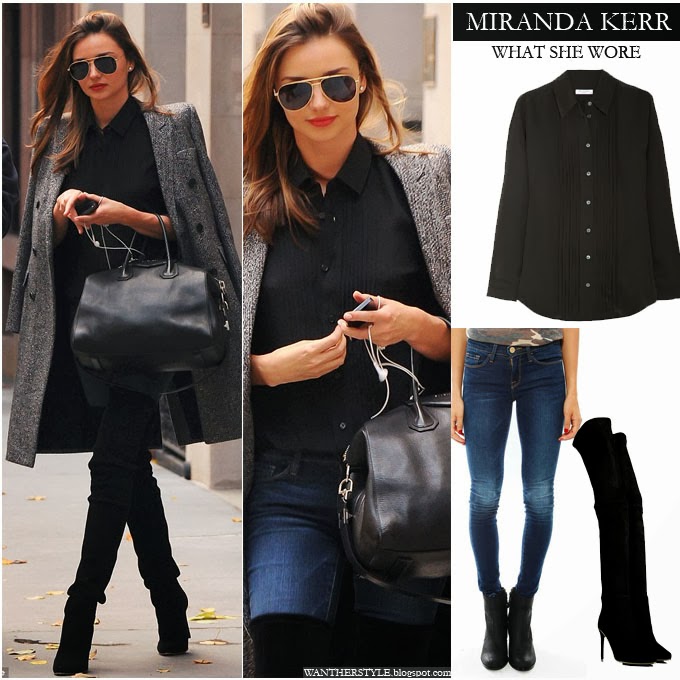 WHAT SHE WORE: Miranda Kerr in grey tweed coat with black over the knee ...