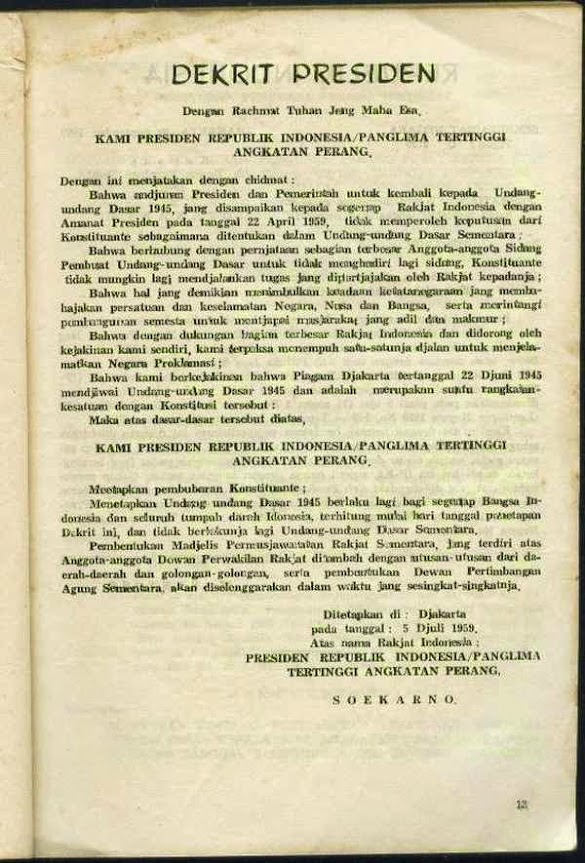 Isi Dekrit Presiden 5 Juli 1959 Rangkuman Lengkap