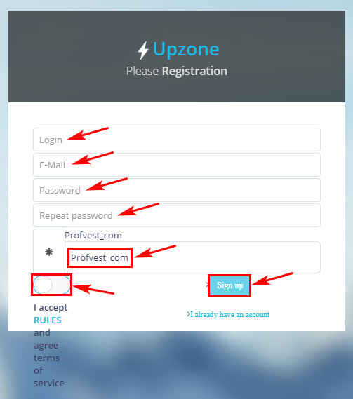 Регистрация в Upzone 2