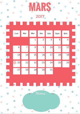Calendrier 2017 gratuit à imprimer mois de mars